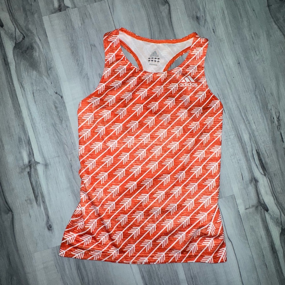 Adidas Tank Top Womens XS Orange White Arrow Pattern Racer Back Stretch Athletic